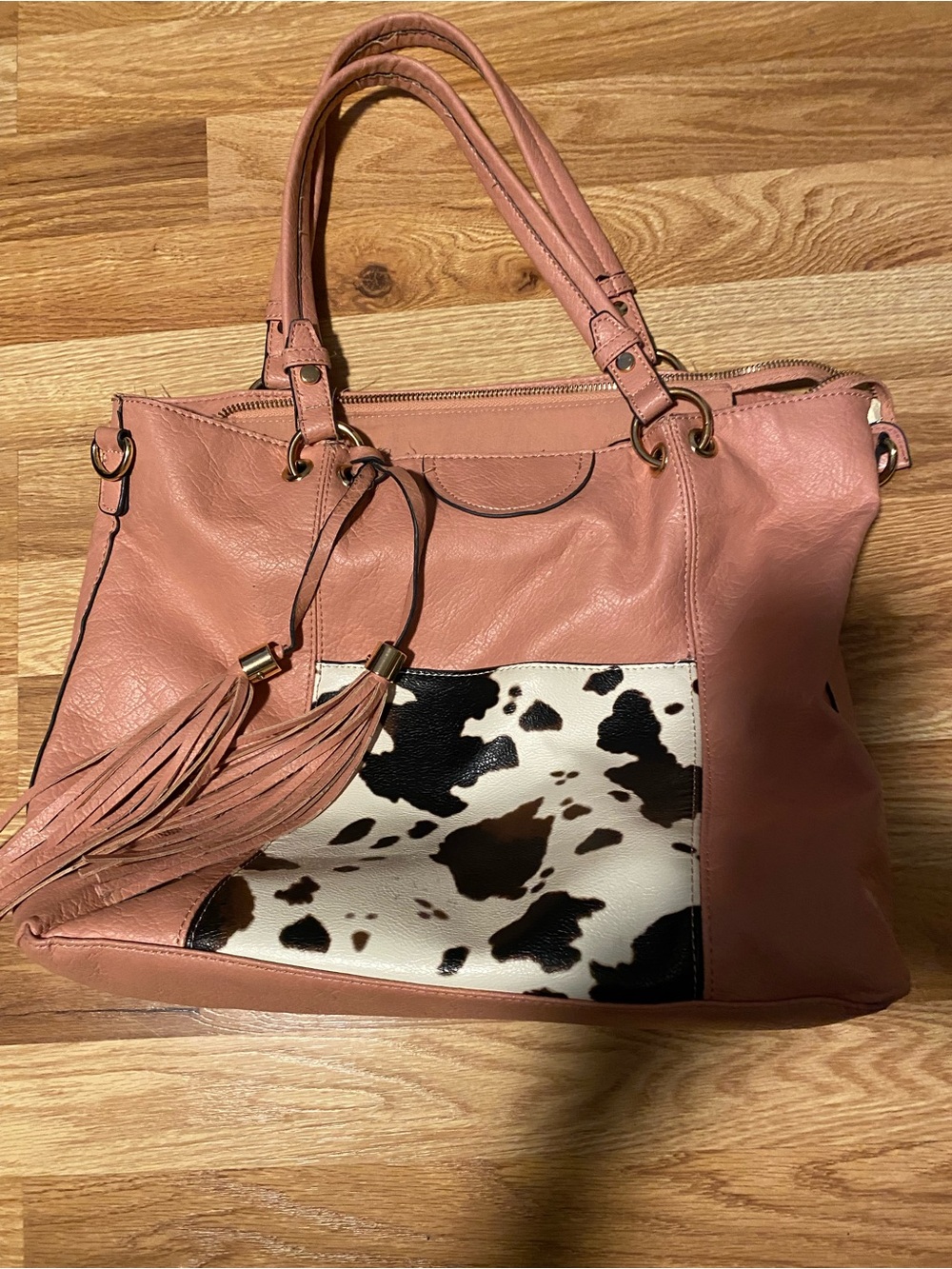 Pink Leather Tote with Cowhide Accent and Tassel Detail